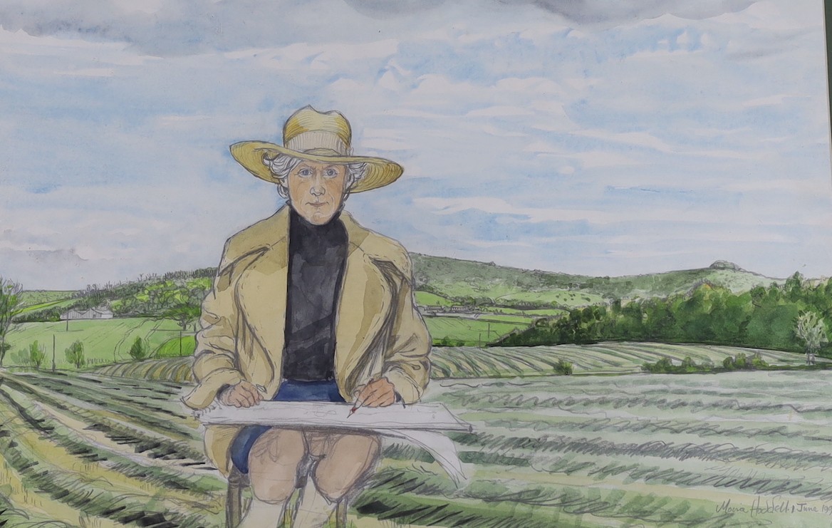 Moira Hoddell, pencil and watercolour, Self portrait sketching in a field, signed and dated 1993, 40 x 56cm